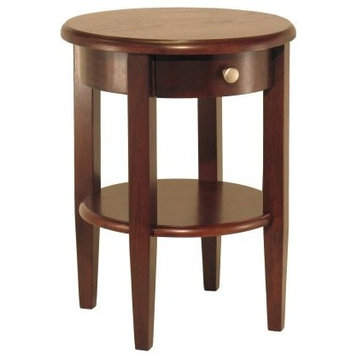 Round End Table With Drawer and Shelf, Antique Walnut