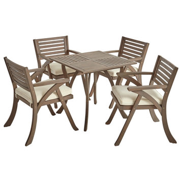 Deandra Outdoor 5-Piece Wood Dining With Cushions Set, Gray Finish/Creme