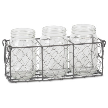 DII Vintage Gray Chickenwire Flatware Caddy With Clear Jars