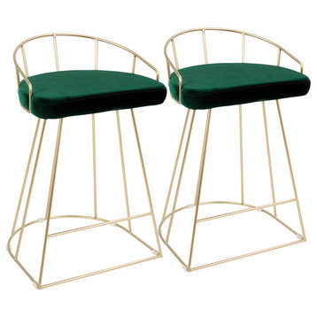 LumiSource Canary 26" Counter Stool, Gold and Green Velvet, Set of 2