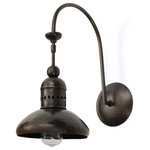 Indigo Retreat - Alley Lamp - This awesome industrial-inspired Sidewalk Lamp features a fluid iron design with a blackened patina that mounts to a wall in sconce fashion. Its perforated dome design with ball finial hangs tightly to a saucer-shaped shade with exposed bulb. It has a 1 - 60 watt socket., and is 9 inches wide by 14.5 inches deep by 17 inches high, and its bracket has a diameter of 6 inches.