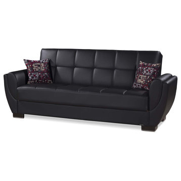 Sofa Bed, Round Arms and Square Tufted Seat, Black Leatherette