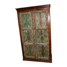 Mogul Interior - Consigned Antique Armoire Mediterranean Blue Hand Painted Distressed Armoire - Armoires and Wardrobes