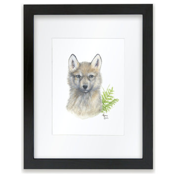 "Woodland Littles 2" Wolf Individual Framed Print, With Mat, Black, 11"x14"