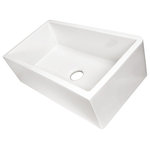 Nantucket Sinks USa - Reversible Italian Farmhouse Fireclay Sink 33" - Just how you like it. Our Harwich-33 has got you covered from all angles. This is a  32.75 inch reversible single bowl farmhouse fireclay kitchen sink made in Italy.  Offering options depending on your preference, you can use the apron with softer curves for traditional styling or bold 90 degree corner apron for a more modern look. Like choosing a quaint harbor or adventuring out to the ocean beaches, the center drain lets you decide.   The wide basin is a bit larger than your average sink to maximize use and accommodate even the largest kitchen and bakeware with no problem.  Eco-friendly with its inherent  need for less cleansers. Thick and durable in a classic white finish.   The Harwich-33 is ready to be a centerpiece to your home's kitchen for years.  Custom base cabinet is required.  Due to bottom thickness of sink,  an extended flange disposal drain or extended ferrule regular kitchen drain will be necessary.