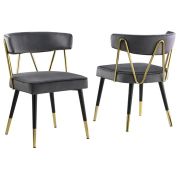 Antoine Glam Dining Chair With Gold Accents, Set of 2, Grey Velvet
