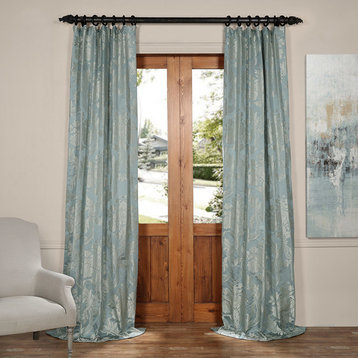 Magdelena Steel Blue & Silver Faux Silk Jacquard Curtain Single Panel, 50"x120"