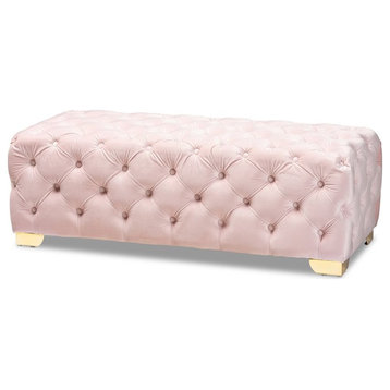 Bowery Hill Modern Tufted Velvet Ottoman in Pink and Gold