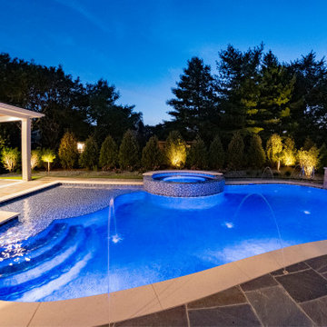Naperville, IL freeform swimming pool with hot tub, large sunshelf, glass tile