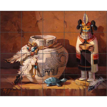 Ceramic Tile Mural Backsplash, Kachina Man with Zuni Pot by Maxine Johnston