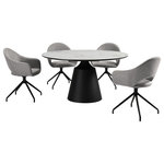 Armen Living - Knox Pria 5 Piece Dining Set With Stone Top and Gray Fabric Chairs - Enjoy an intimate meal or host a dinner party with the Knox Pria 5 Piece Dining Set with Stone Top and Gray Fabric Chairs from Armen Living. This set includes 1 Knox dining table, and 4 Pria swivel dining chairs. Streamlining the iconic mid-century modern silhouette, this dining chair presents the perfect blend of style and functionality. It features beautifully curved and seamlessly flowing back and arms. Finished off with a sleek cut-out, the chair attains a sculptural presence in any room. It is completed with pyramid-shaped black metal legs to serve as a sturdy and stylish addition to any room. The curved back and armrest of the chair are generously padded to envelope you in comfort. A cushioned seat offers a comfy stay, long after the meal is over. From offering a comfortable dining experience in your kitchen, to serving as a comfy seat in your home office or as an accent chair in your living room, our chair remains a must-have for any modern or contemporary home. It includes a 180-degree swivel function to allow for maximum mobility and lingering conversations. The refined and distinctive silhouette of the dining table attains a statement-making appeal in any room. It features a perfectly rounded tabletop perched upon an eye-catching pedestal base. Its sintered stone tabletop depicts the graceful and natural textures of white marble to add a polished touch to your casual or formal meals. This tabletop is resistant to etching, scratches, burns, and stains as a durable yet elegant alternative to quartz. It is perched upon a black metal base to attain contrast and a versatile appeal. The round dining table can comfortably seat up to six individuals for enjoying meals in your kitchen, dining room, or living space. A 55" round shape allows the table to function as a natural hub for conversations. The Knox Pria dining set is available in 5 or 7 piece set configurations and features a white stone tabletop with black metal base and gray upholstered swivel chairs with black metal legs.