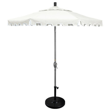 9' Gray Greek Key Patio Umbrella With Push Button Tilt and Tassels, Natural