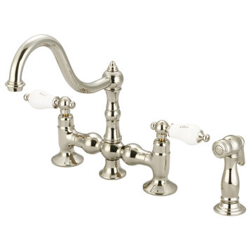 Bridge Style Kitchen Faucet With Side Spray To Matchin Polished nickel