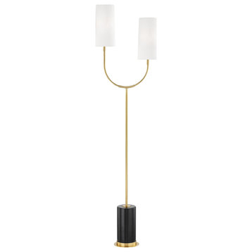 Vesper 2 Light Marble Floor Lamp, Aged Brass With White Linen Shade