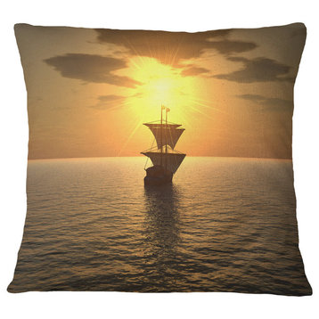 Ship And Sunset Seascape Photography Throw Pillow, 16"x16"