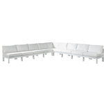 Meridian Furniture - Nizuc Water Resistant Patio L-Shaped Modular Sectional, White, 9-Piece: 8 Armless Chair, 1 Corner Chair, White Aluminum Frame - Pick and choose your favorites from the Nizuc collection to create a modular seating group the whole gang will enjoy. The sturdy aluminum frame provides dependable support for friends and family as they relax and unwind, and the resilient white water resistant fabric stands up to the elements without losing its beautiful demeanor, so you can count on it lasting for the long haul. Latches beneath these seating pieces help you easily attach them to one another for convenient setup.