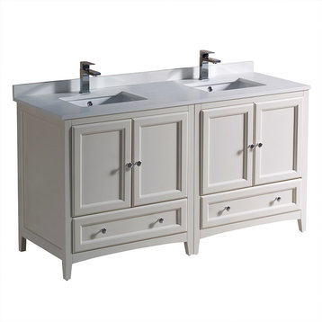 60" Antique White Traditional Double Sink Bathroom Cabinets w/ Top & Sinks