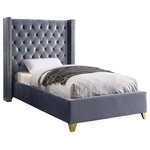 Meridian Furniture - Barolo Velvet Upholstered Bed, Gray, Twin - Elegant and eye-catching, the stunning Barolo Bed from Meridian Furniture is the perfect addition to any bedroom. Rich velvet covers the deep tufted design. A beautiful wing bed design is complimented by hand applied gold nail head details. Strength and beauty is guaranteed with a solid wood frame and stainless steel legs.