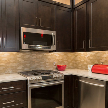 Kitchen | Modern Espresso Cabinets | Glass Mosaic Tile & Quartz Marble