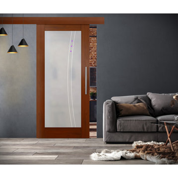 Sliding Barn Door with glass insert with Frosted Design, 34"x84" Inches, Unfinsh