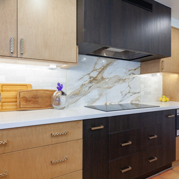 Stovetop and hood provides contrast.