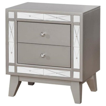 Contemporary Side Table, 2 Drawers & Mirrored Panel Accents, Silver & Pewter