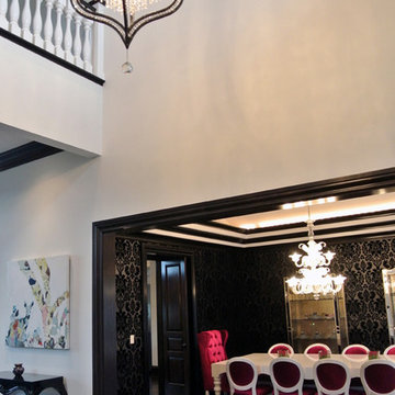 Damask Wallpaper, Clear Crystal Chandelier, Wood Wall Cladding in Master Bath
