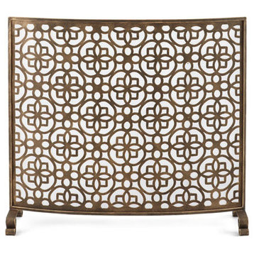 Art Deco Gold Fretwork Single Panel Fire Screen, Curved Midcentury Fireplace