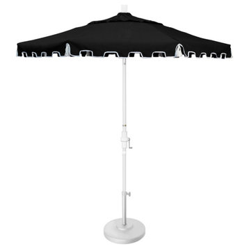 9' Matte White Greek Key Patio Umbrella With Ribs and Tassels, Black