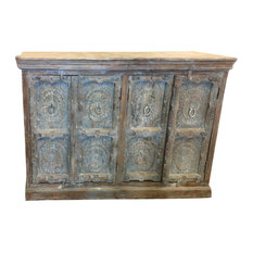 Mogul Interior - Consigned Lotus Carved Distressed Blue Sideboard, Media TV Storage Cabinet - Buffets And Sideboards