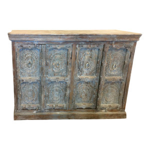 Mogul Interior - Consigned Lotus Carved Distressed Blue Sideboard, Media TV Storage Cabinet - Buffets And Sideboards