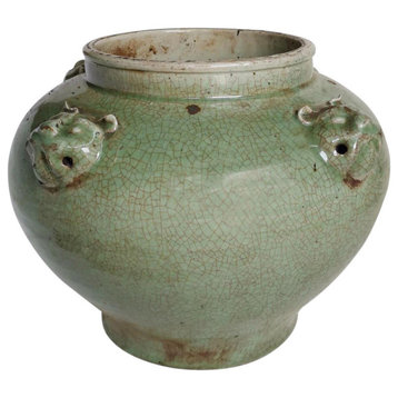 Jar Vase 4 Lion Head Handle Crackled Celadon Green Ceramic Ha