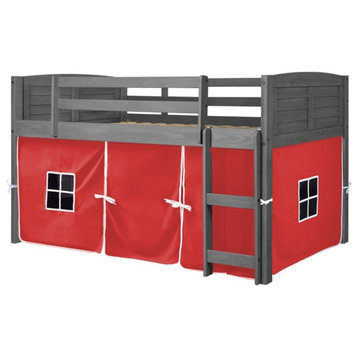 Donco Kids Louver Twin Solid Wood Low Loft Bed with Red Tent in Antique Gray