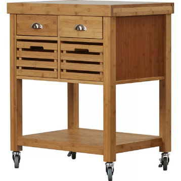Rolling Kitchen Cart, Natural Bamboo Frame With 2 Drawers & 2 Slatted Baskets
