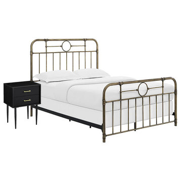 Metal Pipe Queen Bed with 2 Drawer Night Stand, Brass and Black