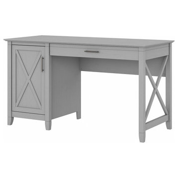 Farmhouse Desk, Wooden Frame With X-Accents & Spacious Cabinet, Cape Cod Gray