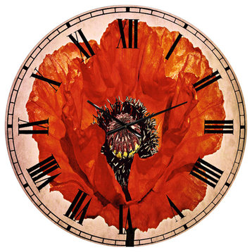 Red Poppy Blossom Close Up Floral Large Metal Wall Clock, 36x36
