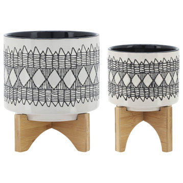 Cer 2-Piece Set Aztec Planter On Wooden Stand, Gray