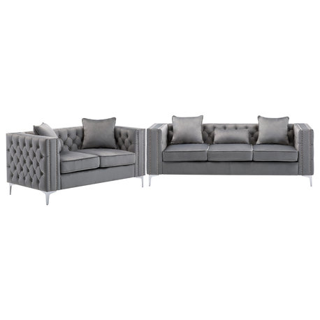 Lorreto Gray Velvet Fabric Sofa Loveseat Living Room Set