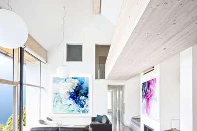 Abstract Ink Artwork by Jessica Keny in Contemporary Interior with Wood Paneling