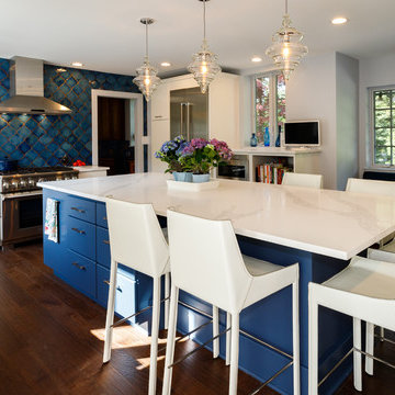 Transitional Kitchen | Oversized Quartz Countertops and Blue Moroccan Backsplash