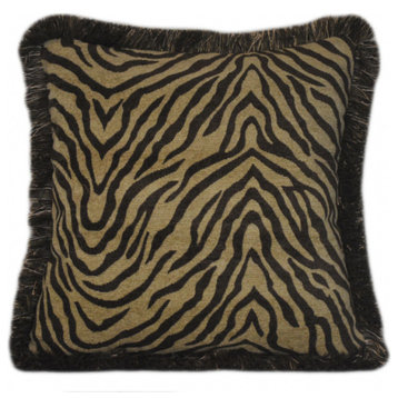 Brown And Gold Woven Chenille Fringed Zebra Throw Pillow, 26x26