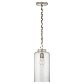 Katie Pendant, 1-Light, Cylinder, Polished Nickel, Seeded Glass, 7"W