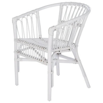 Set of 2, Contemporary Accent Chair, Rattan Frame and Curved Back, White
