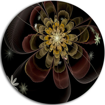 Brown Fractal Flower With Silver Stars, Floral Round Wall Art, 23"