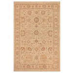 Bareens Designer Rugs - Shabby Chic Ziegler Rashida Beige Rust Hand-Knotted Wool Rug - 8'8'' x 11'8'' - Enhance the ambiance of your home with this magnificent Persian-influenced Turkish hand-knotted rug made by skilled artisans capable of creating the most exceptional vegetable dyes and hand-spun wool. This exquisite handmade rug is a one-of-a-kind Peshawar Kafkaz, otherwise identified as Chobi, Chobi Peshawar, Oushak, or Ziegler rug. These handmade rugs are crafted in Pakistan utilizing superior-quality wool imported from Australia, New Zealand, and Korea in two types of weaves: the Persian weave and the Mori weave. This rug is meticulously crafted by hand using the finest natural vegetable dyes extracted from local plants. The artisans use a blend of hand-spun local and fine merino wool, resulting in a rug with a compelling texture, higher lanolin content, and longer staple. The artisans occasionally incorporate natural or artificial silk into the pile to enhance specific motifs. The finished product is an awe-inspiring execution of flawless design and an understated palette that exudes elegance.