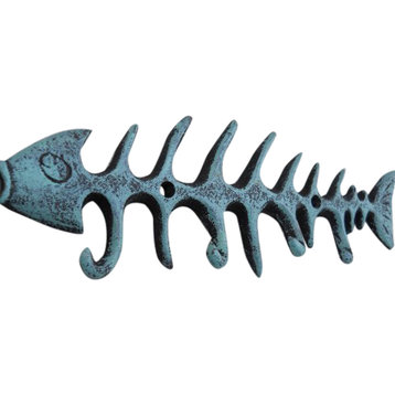 Nautical Coastal Fish Bones Cast Iron Wall Hook Peg Decor Teal Black