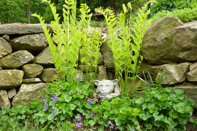 Photo of a rustic drought-tolerant side yard retaining wall landscape in New York for spring.