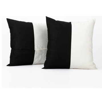 Horizontal Stripe Cotton Cushion Cover, Set of 2, Onyx Black/Off White