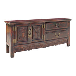 Chinese Distressed Brown Floral Motif Low TV Console Table Cabinet - Accent Chests And Cabinets
